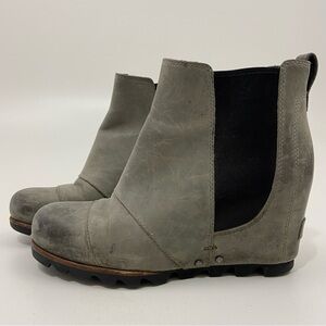 Sorel Lea Wedge Chelsea Ankle Boots Grey Quarry Leather 7